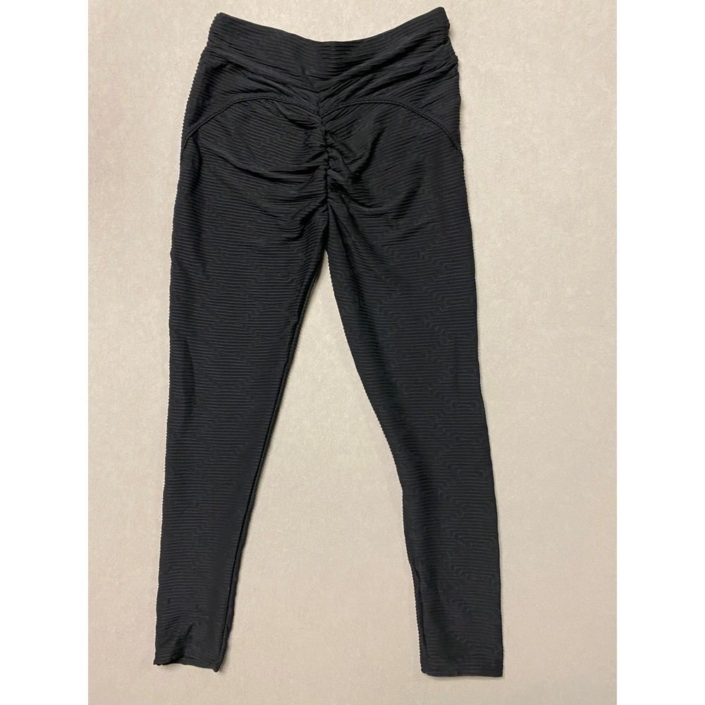 Womens Black Textured Scrunch Butt Crossover Waist Activewear Leggings XL